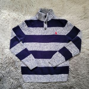 Boys Polo Henley Sweater Size Large(14/16) Cotton Navy Blue striped